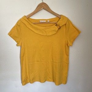 Rafaella Womens Blouse Bertha Collar Size Large Yellow Short Sleeve 100% Cotton